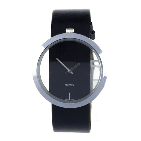 New PU Leather Transparent Dial Hollow Analog Quartz Wrist Watch